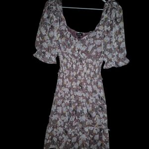 Trixxi Dusty Rose Floral Puff-Sleeve Smocked Midi Dress